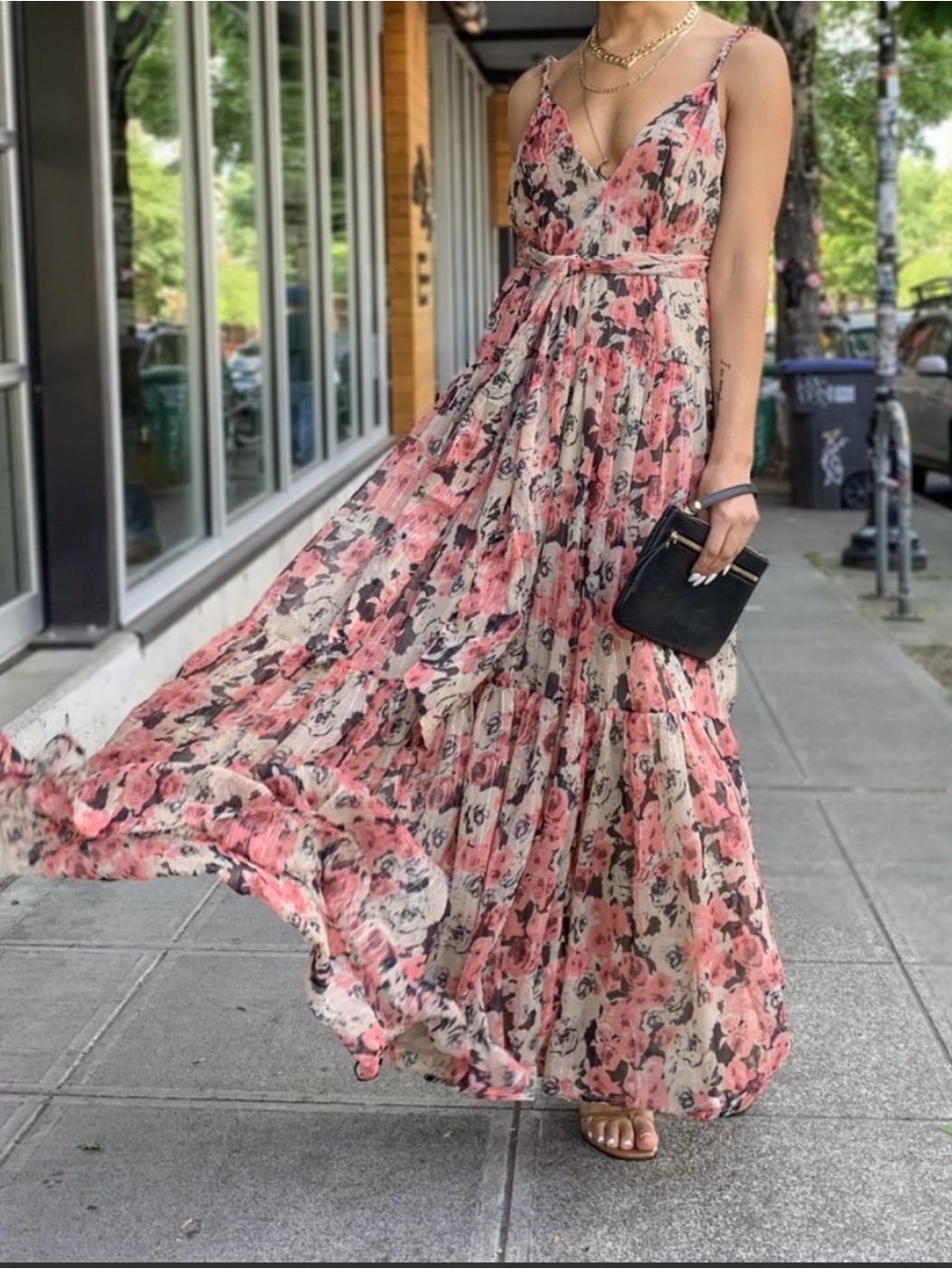 Astr Floral Pink and Cream V-Neck Maxi Dress